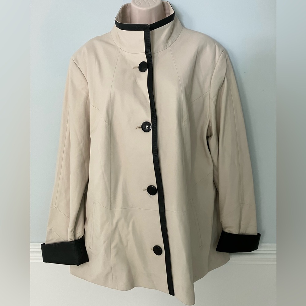 NATUREL Vintage leather cream car coat Tartan pattern lining buttons classic XL